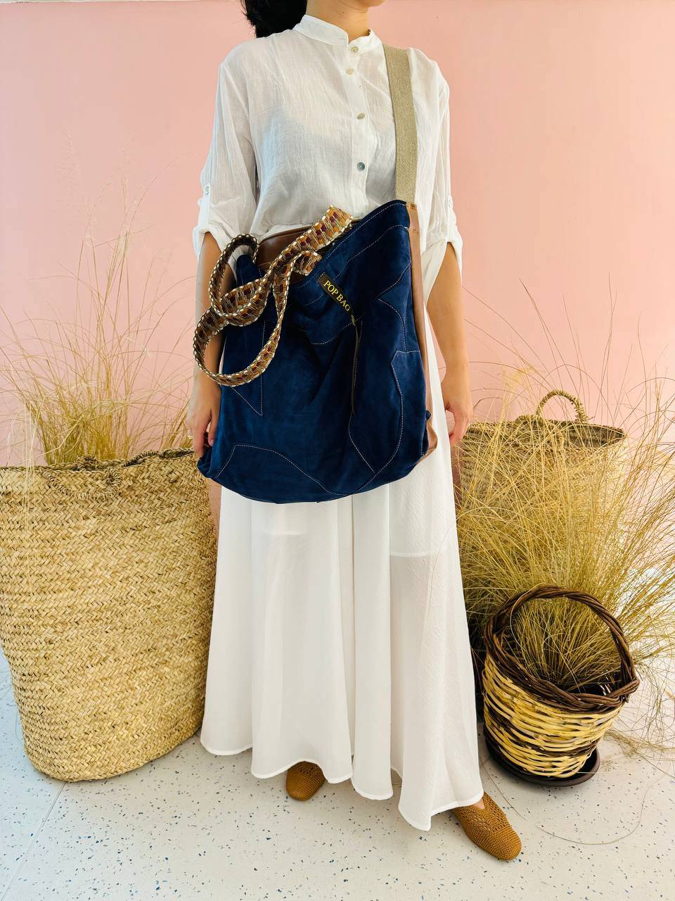 La Sellerie POP BAG suede dark blue PATCHWORK Qualità