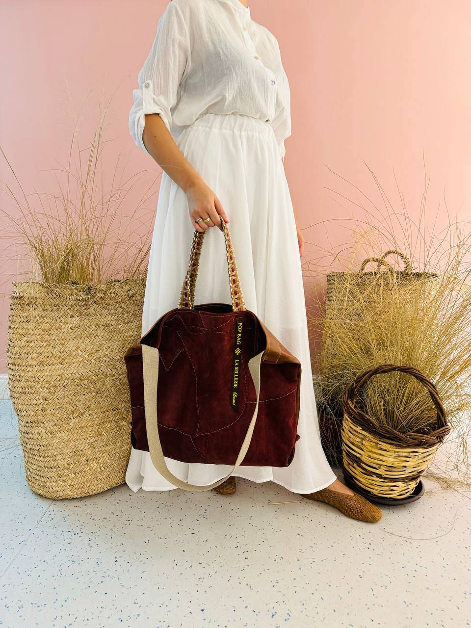 La Sellerie POP BAG suede dark red PATCHWORK Promozione