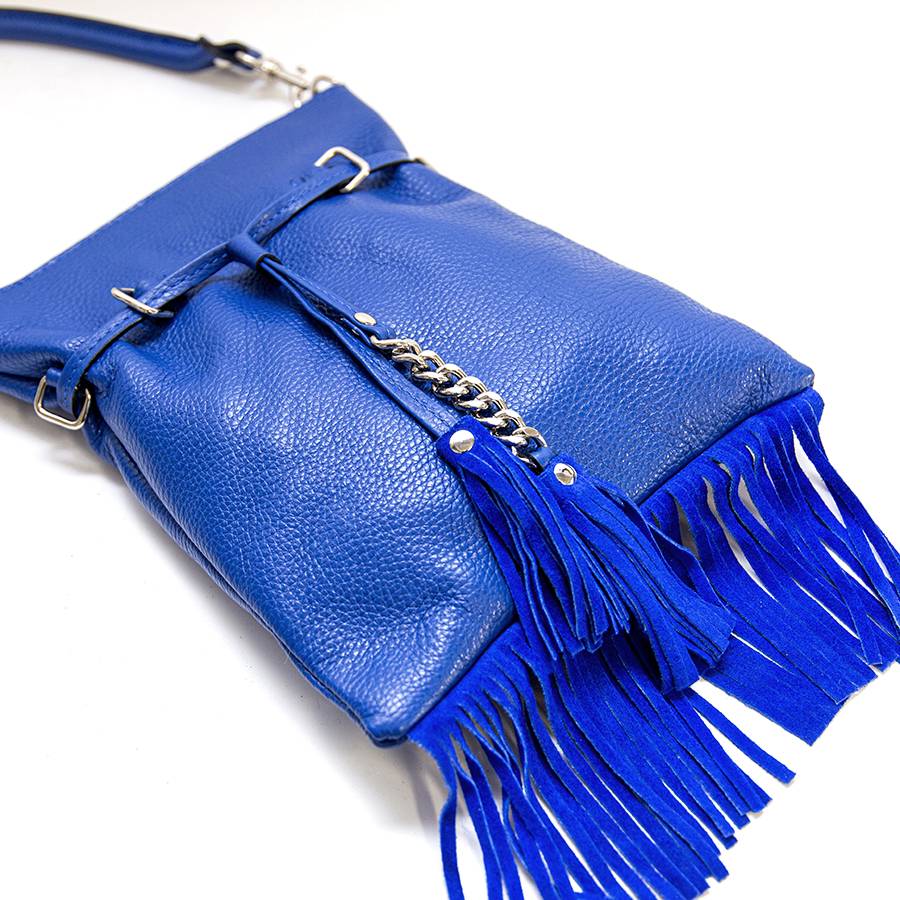 Laura Di Maggio LIMA – borsa sottile in pelle dollaro con frange blu Sostegno trimestrale
