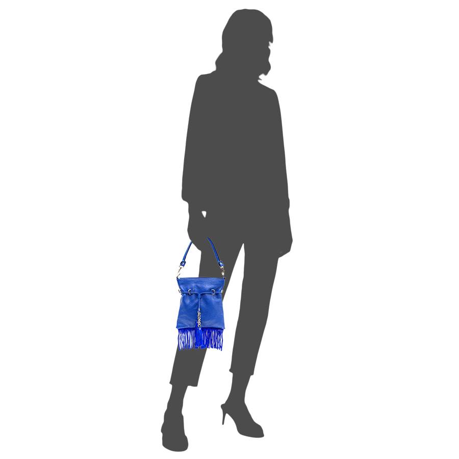 Laura Di Maggio LIMA – borsa sottile in pelle dollaro con frange blu Sostegno trimestrale