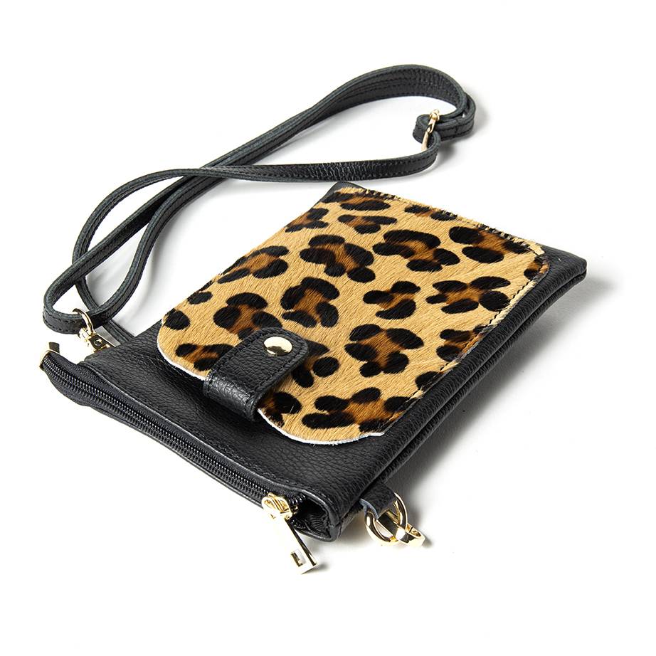Laura Di Maggio TINY – Porta cellulare in pelle dollaro con cavallino stampa leopardata nero Offerte giornaliere