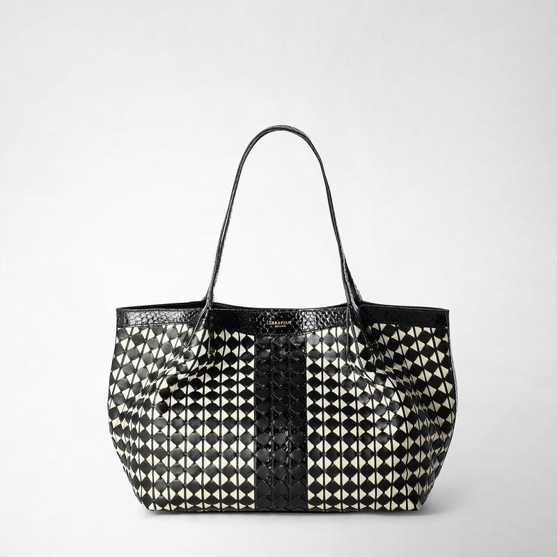 Serapian Small secret tote bag mosaico elaphe black- off white In Linea