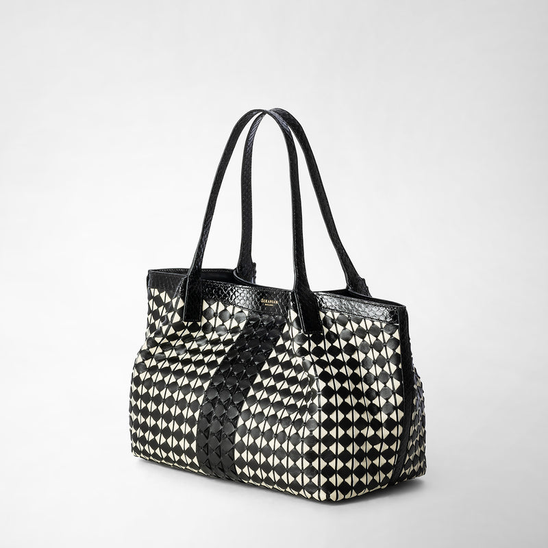 Serapian Small secret tote bag mosaico elaphe black- off white In Linea