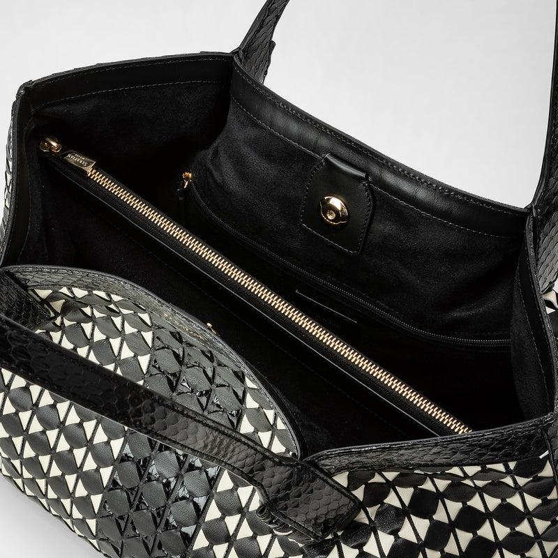 Serapian Small secret tote bag mosaico elaphe black- off white In Linea