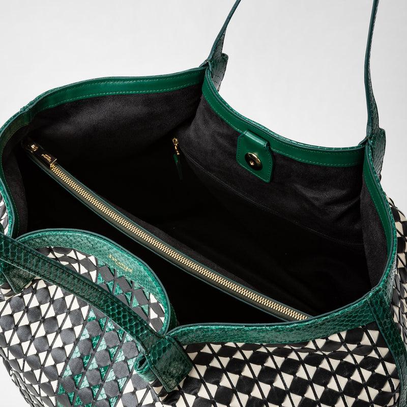 Serapian Secret tote bag mosaico elaphe black-white-emerald Prezzo Ridotto