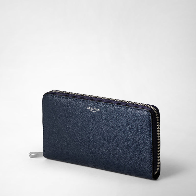 Serapian Portafoglio con zip in pelle rugiada blu navy Spedizione Gratuita