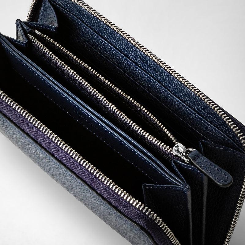 Serapian Portafoglio con zip in pelle rugiada blu navy Spedizione Gratuita