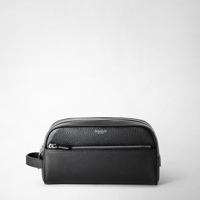 Serapian Trousse bagno doppia zip in pelle cachemire nero Offerta speciale della fabbrica