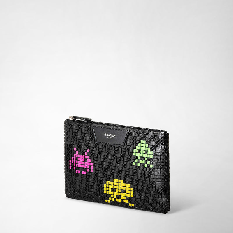 Serapian Pouch con zip in stepan nero space invaders In Linea