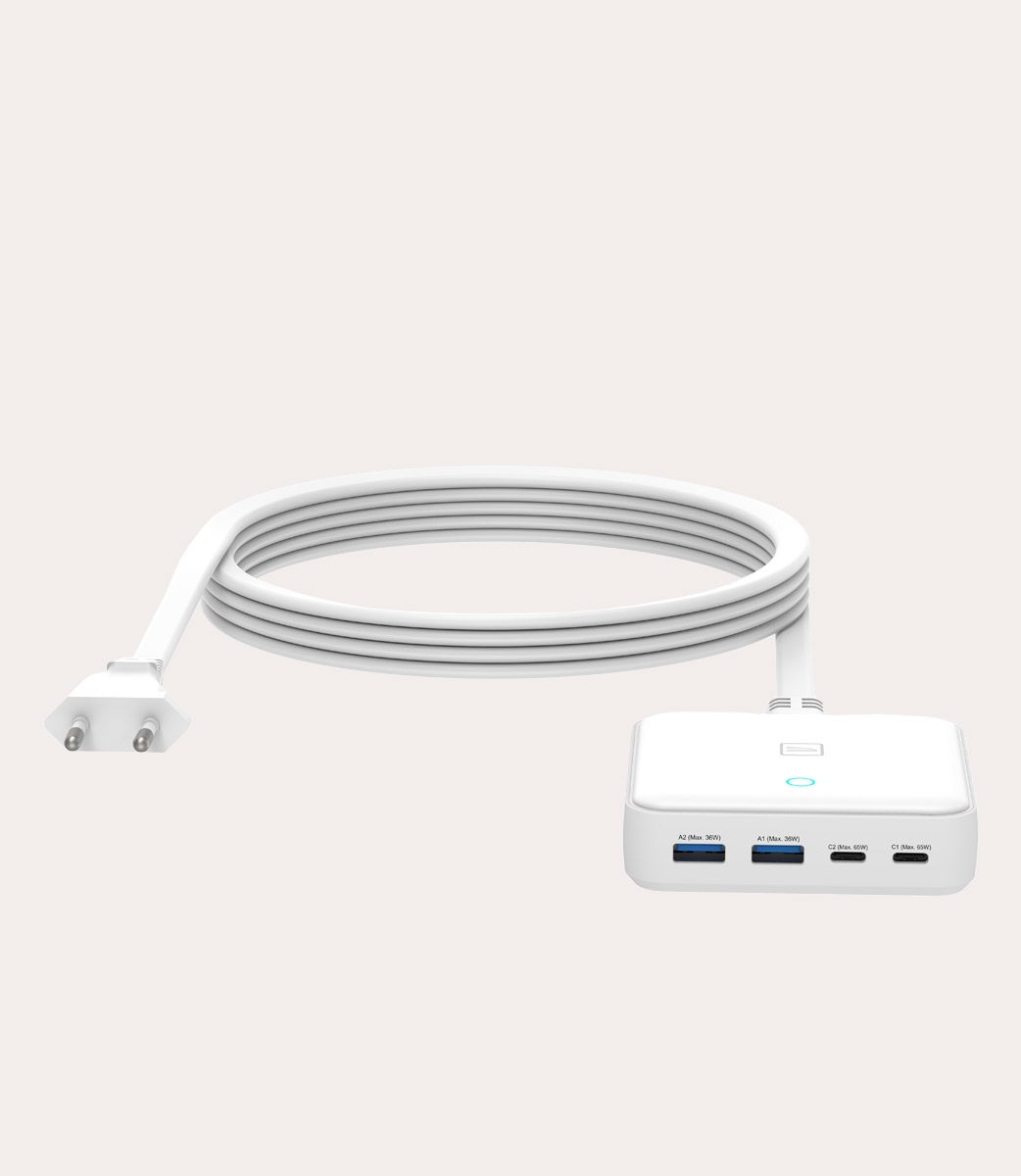 Tucano Cricabatteria 4 porte da scrivania da 65W USB-A/USB-C GaN con cavo da 1 5 mt e presa EU Consegna Veloce