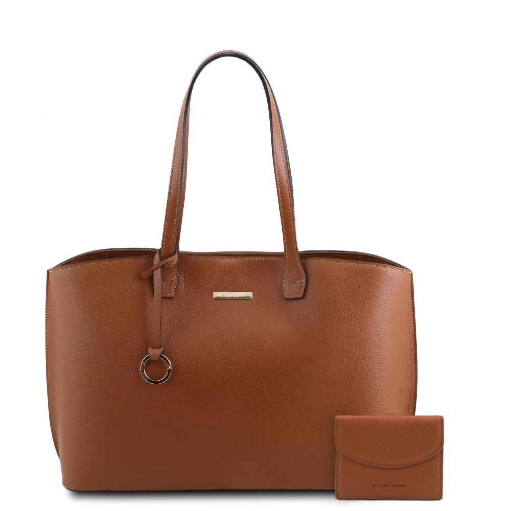 Tuscany Leather Borsa Shopping in Pelle e Portafoglio in Pelle 3 Ante con Portaspiccioli Italy