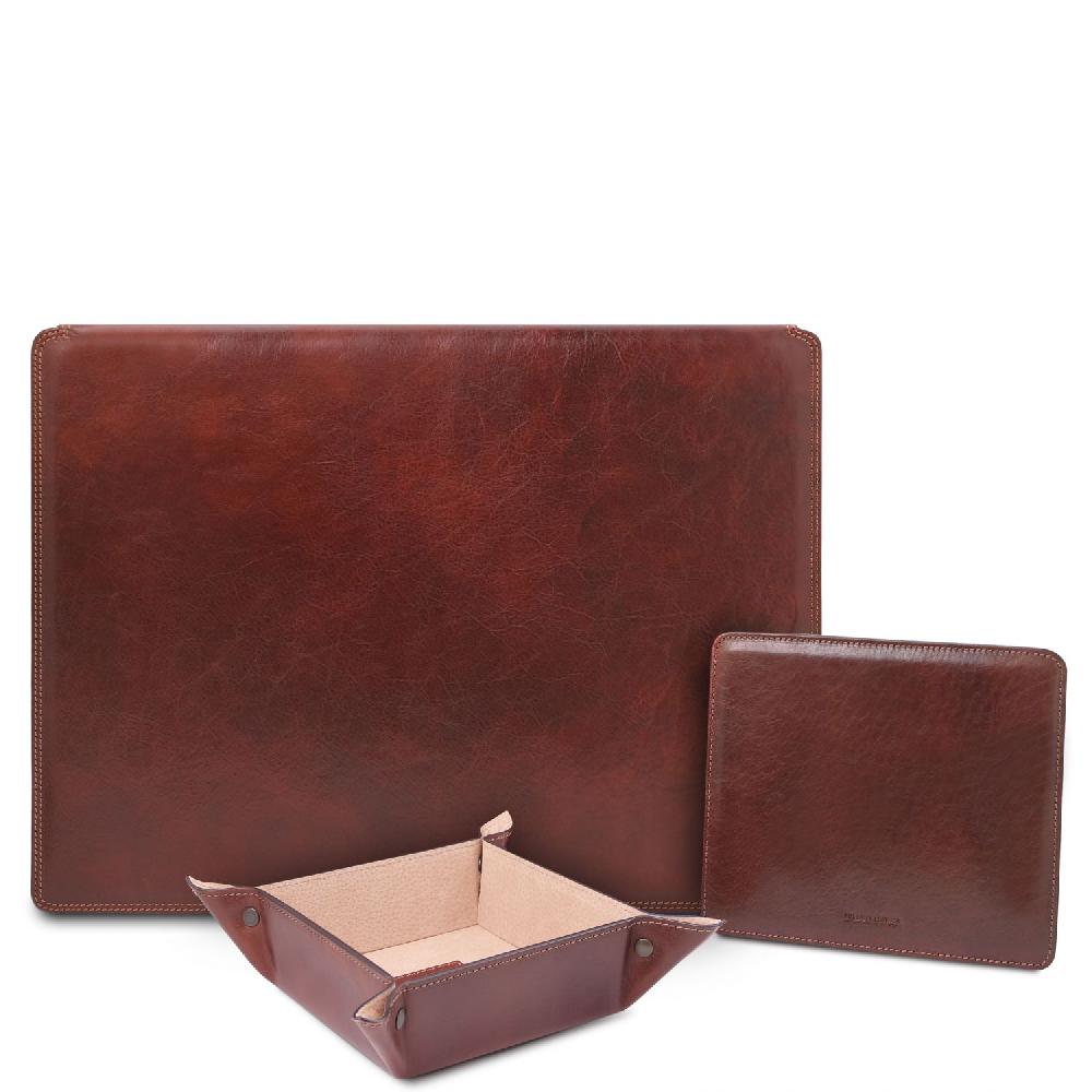 Tuscany Leather Sottomano da Scrivania con Ribalta Tappetino per Mouse e Vuotatasche in Pelle Pezzi Unici