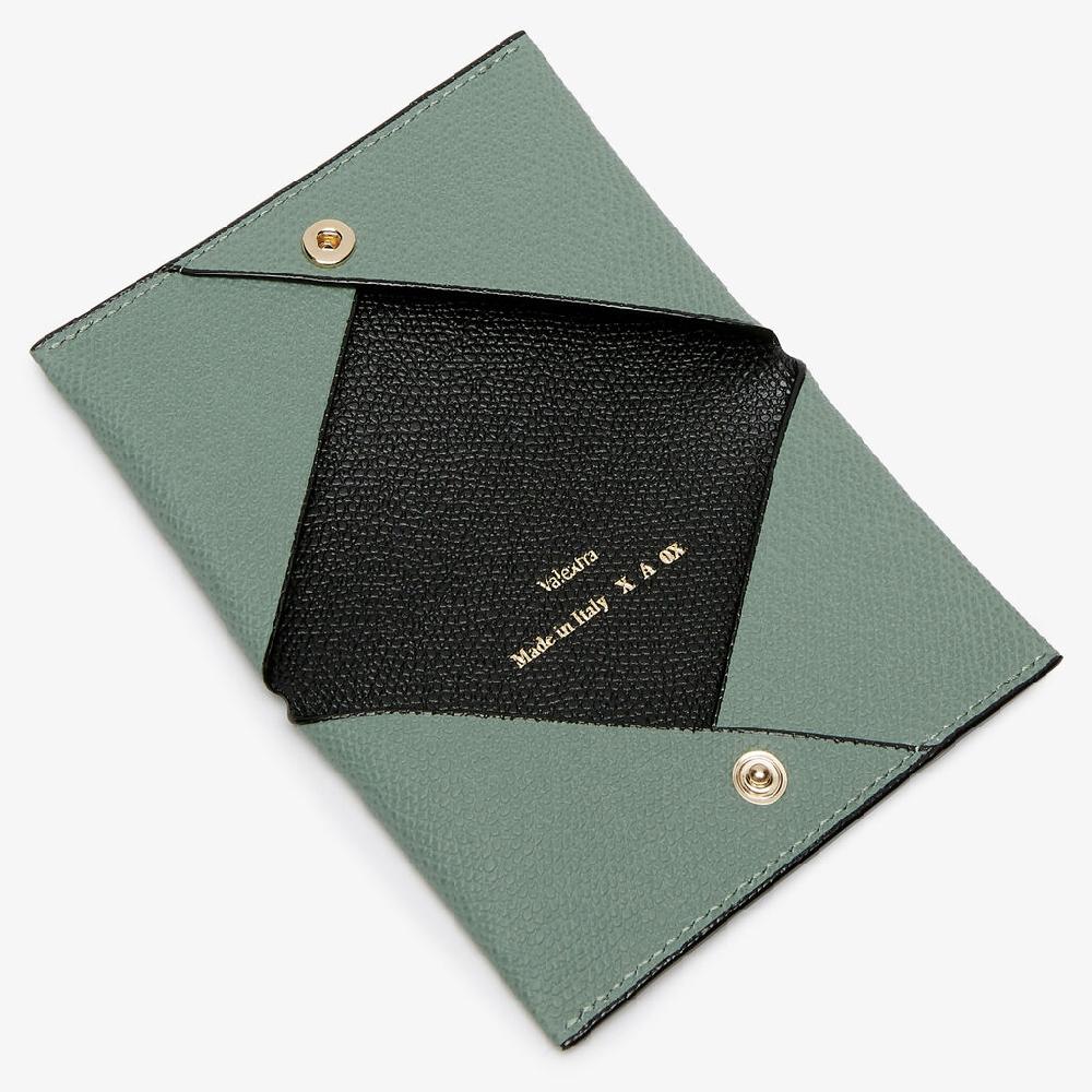 Valextra Porta Carte con Bottone | Pelle di vitello Millepunte | Verde Eucalipto/Nero | Valextra Saldi