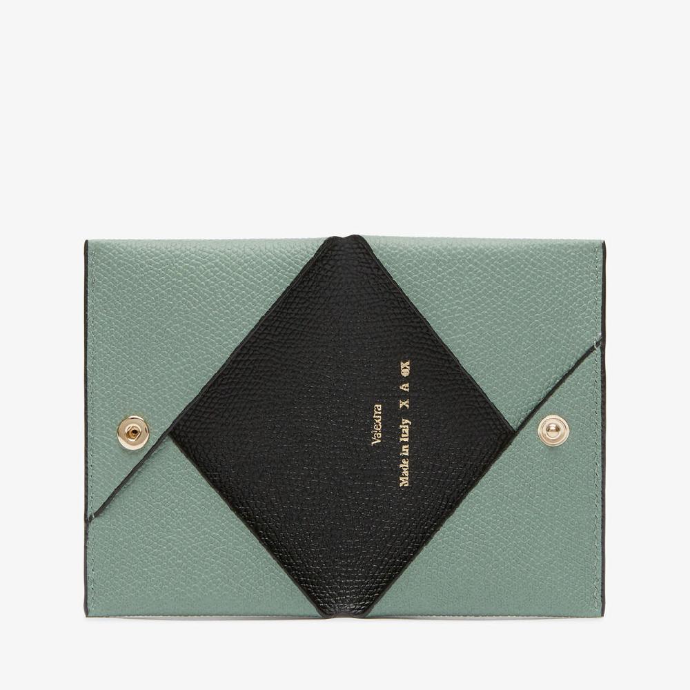 Valextra Porta Carte con Bottone | Pelle di vitello Millepunte | Verde Eucalipto/Nero | Valextra Saldi