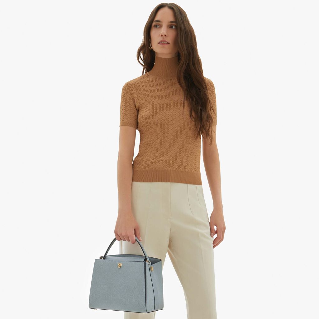 Valextra Valextra Brera: Borsa a mano Media in Pelle Blu Presa