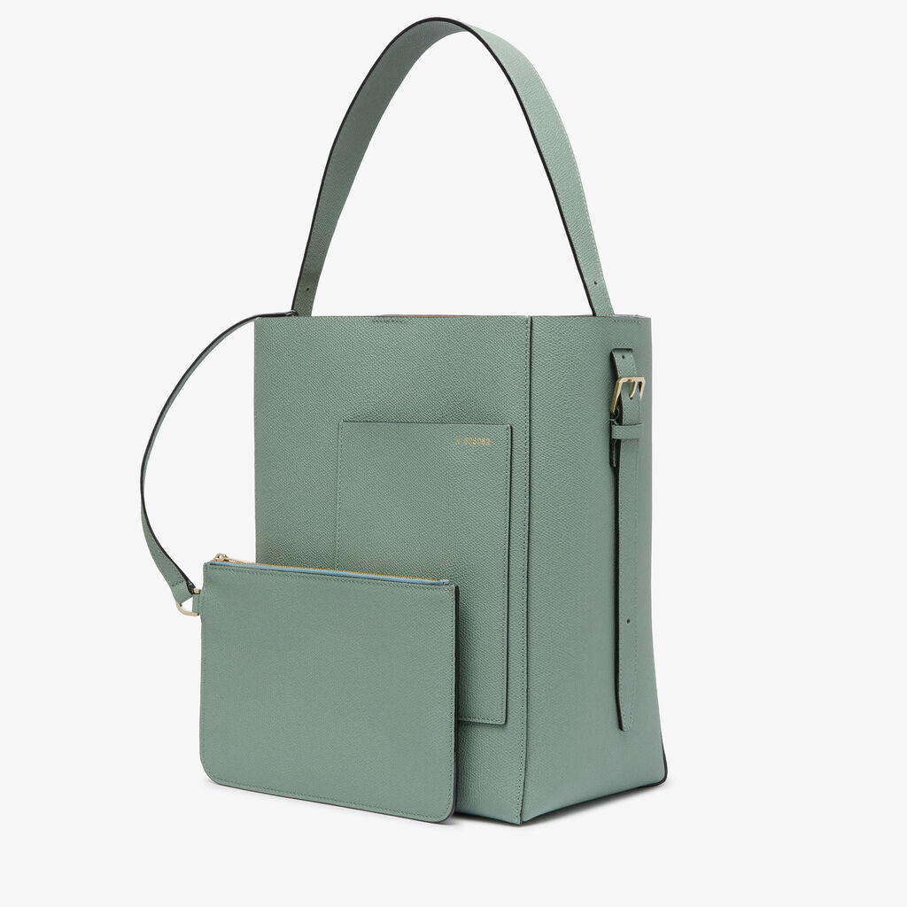 Valextra Borsa a Secchiello Soft Media | Pelle di vitello Millepunte | Verde Eucalipto | Valextra Spedizione Gratuita