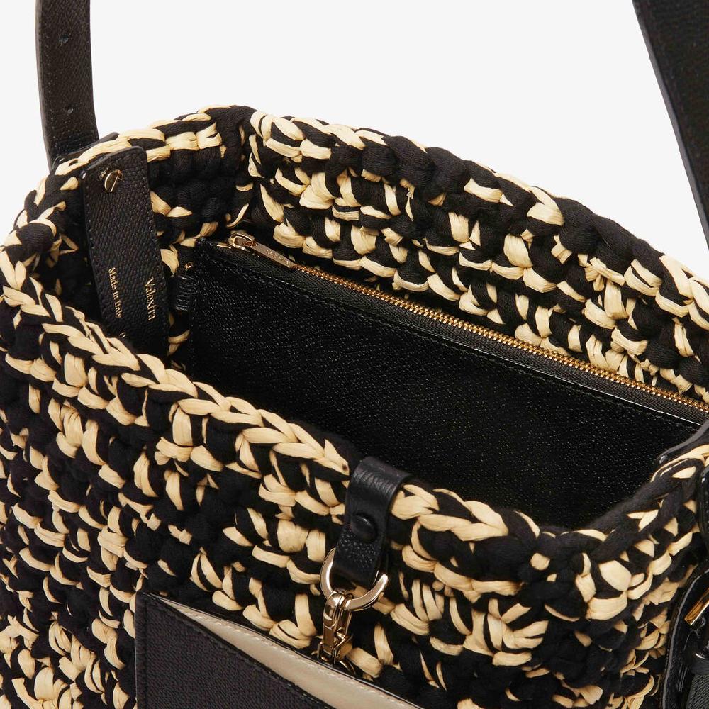 Valextra Borsa a secchiello Donna Nera e Beige in Rafia e Cotone | Valextra In Saldo