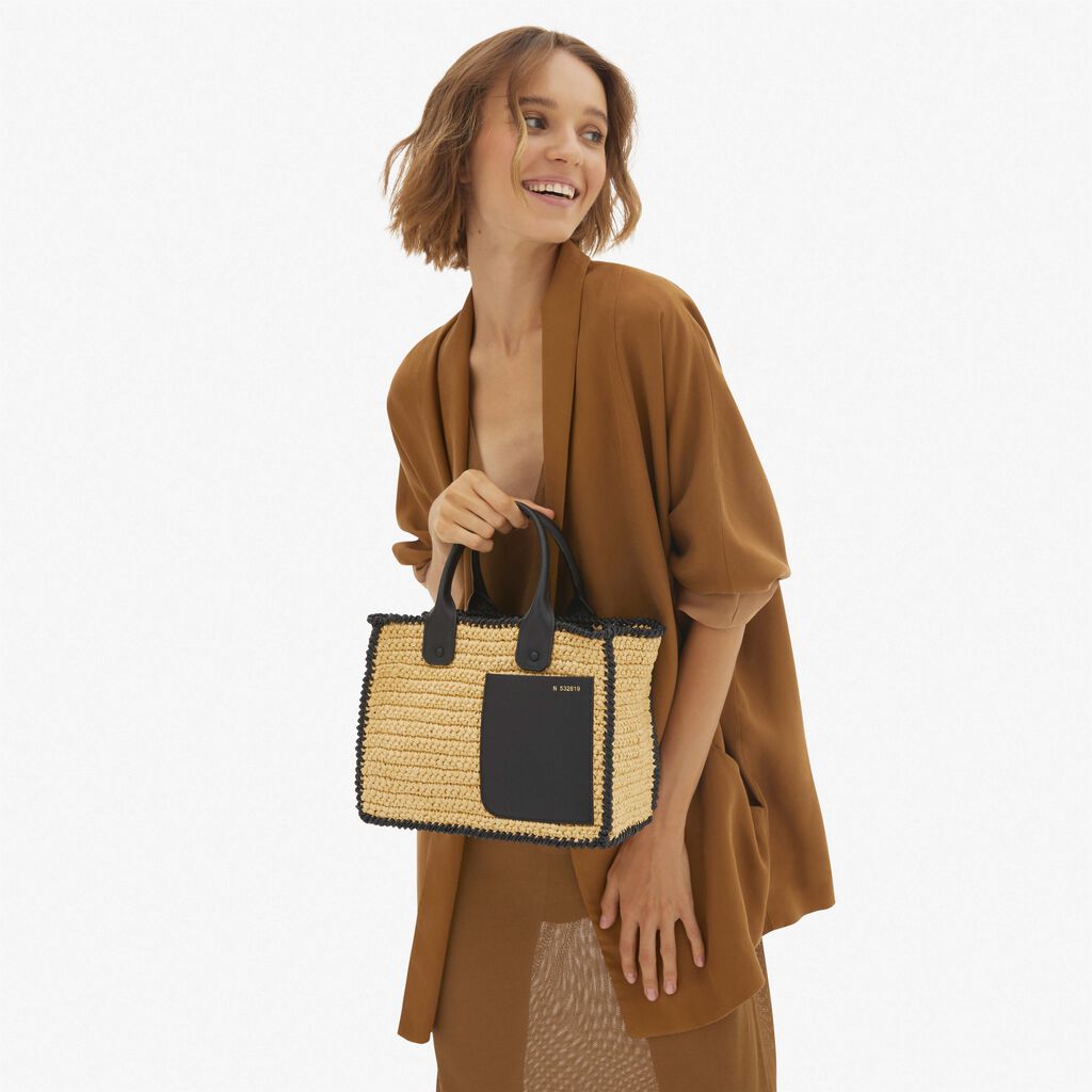 Valextra Borsa tote Mini da Donna in Rafia Beige e Nera | Valextra Nuovo